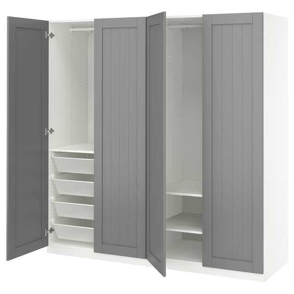 Gray PAX wardrobe with 3 doors, mesh drawers, soft close hinges.