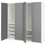 Gray PAX wardrobe with 3 doors, mesh drawers, soft close hinges.