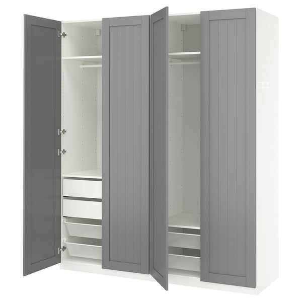 Gray PAX wardrobe with open doors, showcasing shelves and drawers.