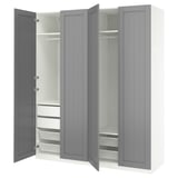 Gray PAX wardrobe with open doors, showcasing shelves and drawers.