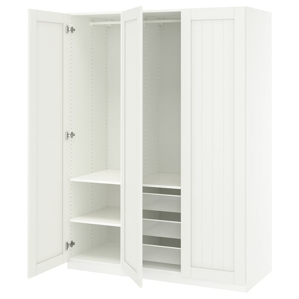 An open white ikea PAX wardrobe. It adjustable shelves, mesh basket, and soft-close hinges.