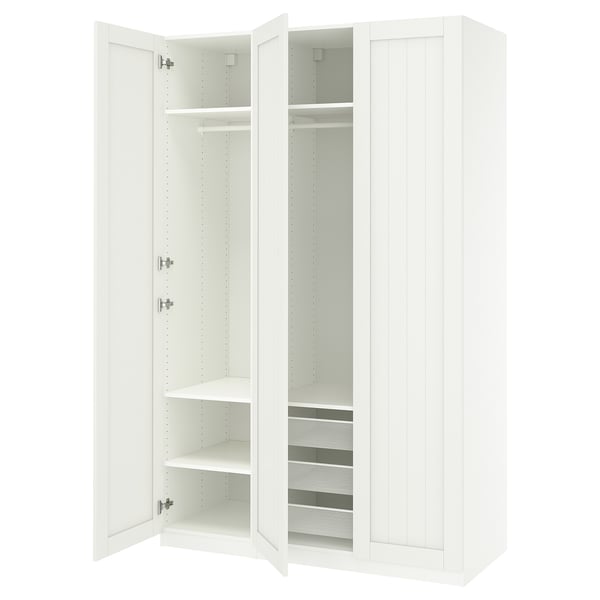 Displays a white ikea PAX wardrobe with double doors open, revealing multiple shelves and a mesh basket inside.