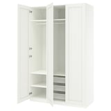 Displays a white ikea PAX wardrobe with double doors open, revealing multiple shelves and a mesh basket inside.