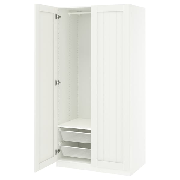 Open white PAX wardrobe with mesh baskets.