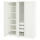 Option: White PAX wardrobe with open doors, modern design, particleboard, adjustable feet, soft-close hinges.