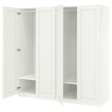 This image shows two white ikea PAX wardrobes with open doors, featuring ample storage space and adjustable hinges.