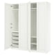 Option: White ikea PAX wardrobe open, showing shelves and mesh baskets. Modern, minimalist design.