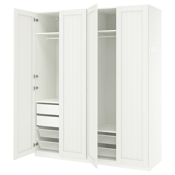 An ikea PAX wardrobe in white with shelves and drawers. It mesh baskets, adjustable feet, and soft-closing hinges.