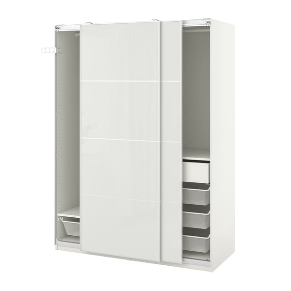 A white ikea PAX wardrobe with sliding doors and mesh baskets.