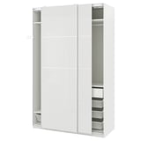 White PAX wardrobe with sliding doors, mesh baskets, and adjustable feet.