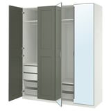 This image shows an open, modern wardrobe named PAX with green and white colors, featuring shelves, drawers, and a mirror door.