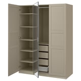 Beige PAX wardrobe with open doors, showing shelves and drawers, modern minimalist.