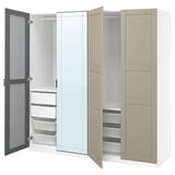 Beige PAX wardrobe with mirrored doors, drawers, shelves, and clothes rail.