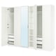 White PAX wardrobe with mirror. Shelves, drawers, and hanging space. Modern, minimalist design.