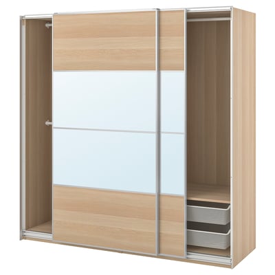Modern wooden wardrobe with mirrored sliding doors and mesh drawers, featuring a sleek, minimalist design.