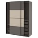 Modern gray PAX wardrobe with sliding doors, including beige panels, mesh drawers, and shelves. Sleek design with adjustable feet.
