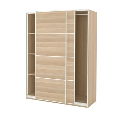 An ikea PAX wardrobe in light oak color. It multiple shelves and sliding doors with a modern, minimalist design.