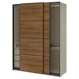 PAX / MEHAMN Wardrobe with sliding doors, grey-beige black/double sided walnut, 150x66x201 cm