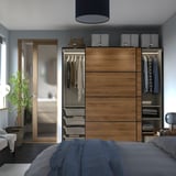 PAX / MEHAMN Wardrobe with sliding doors, grey-beige black/double sided walnut, 200x66x201 cm