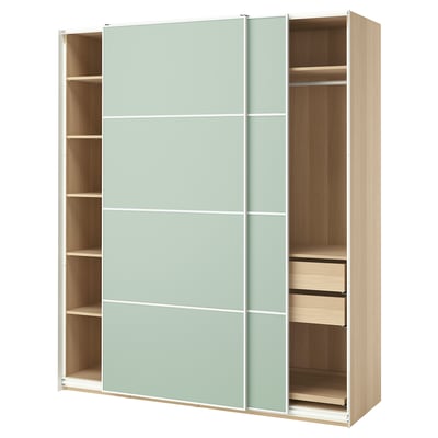 Ikea PAX wardrobe: light gray sliding doors, light wood interior shelves, spacious and modern design.