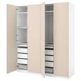 Beige PAX wardrobe with open doors, shelves, drawers, and compartments.