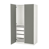 This image shows a light blue ikea PAX wardrobe, featuring four drawers and two hanging sections. The wardrobe has a sleek, minimalist design.