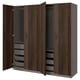Option: Dark wood-colored wardrobe with multiple compartments, including shelves and drawers, displayed with both doors open.