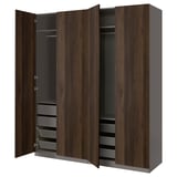 PAX wardrobe in brown, 4 doors open, wood grain design. Shelves, drawers, and hanging space.