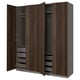 Option: PAX wardrobe in brown, 4 doors open, wood grain design. Shelves, drawers, and hanging space.