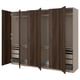 An open brown wood-like PAX wardrobe with shelves and drawers.
