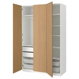 A white PAX wardrobe with wooden doors open, revealing shelves and drawers.