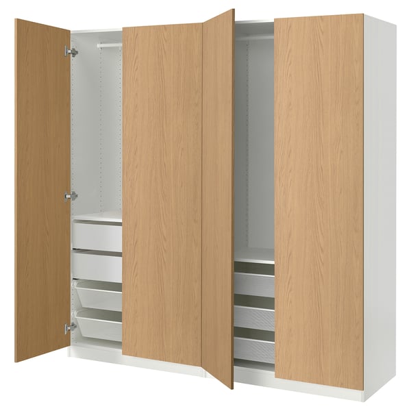 PAX wardrobe: wooden doors, white interior, shelves and drawers, soft-close hinges.