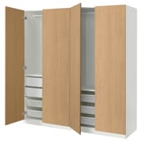PAX wardrobe: wooden doors, white interior, shelves and drawers, soft-close hinges.