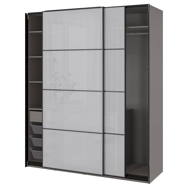 Modern gray kids closet with sliding doors and shelves, part of the PAX series.