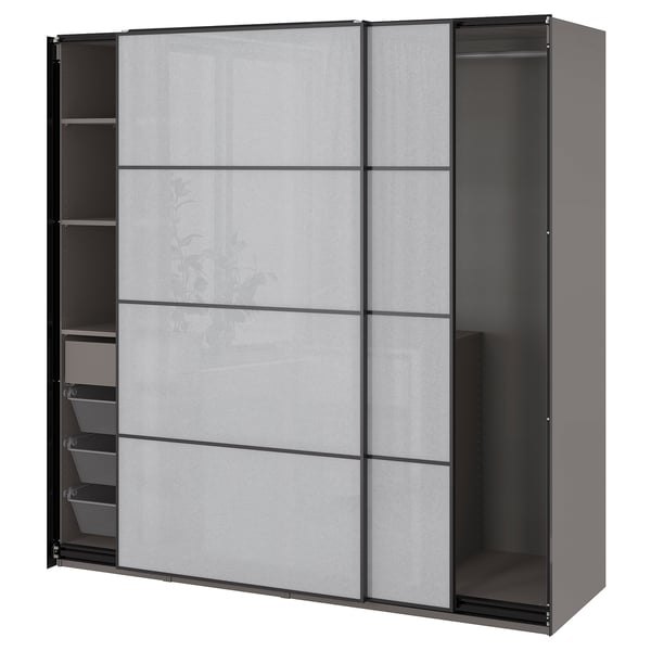 Modern grey kids closet, PAX, with sliding doors, shelves, and drawers.