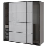 Modern grey kids closet, PAX, with sliding doors, shelves, and drawers.