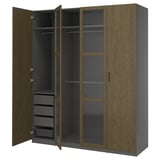 Open PAX wardrobe, dark wood, 3 sections, drawers, shelves.
