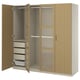 PAX wardrobe in light oak, open doors exposing hanging rod & shelves, with drawers at bottom.