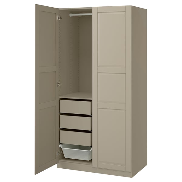 PAX wardrobe, beige. Tall, rectangular with three drawers, two doors, and a mesh basket.