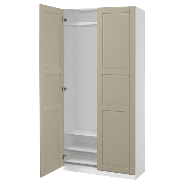 A beige PAX wardrobe with both doors open, revealing an empty interior. It has a minimalist design with clean lines and a painted finish.