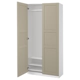 A beige PAX wardrobe with both doors open, revealing an empty interior. It has a minimalist design with clean lines and a painted finish.