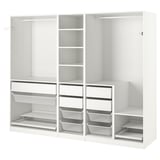 A white IKEA PAX wardrobe with adjustable shelves and metal mesh baskets for storage.