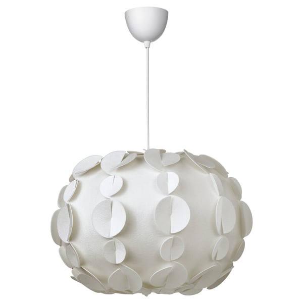 White PEKTOLIT pendant lamp with circular design, resembling a sea urchin, hangs from modern white ceiling cup.