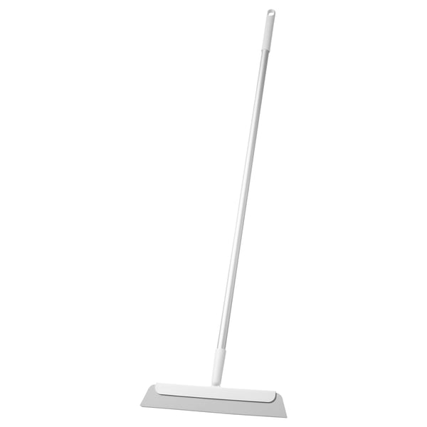 Gray floor squeegee with aluminum handle, ideal for cleaning bathrooms and kitchens, with a hanging hole.