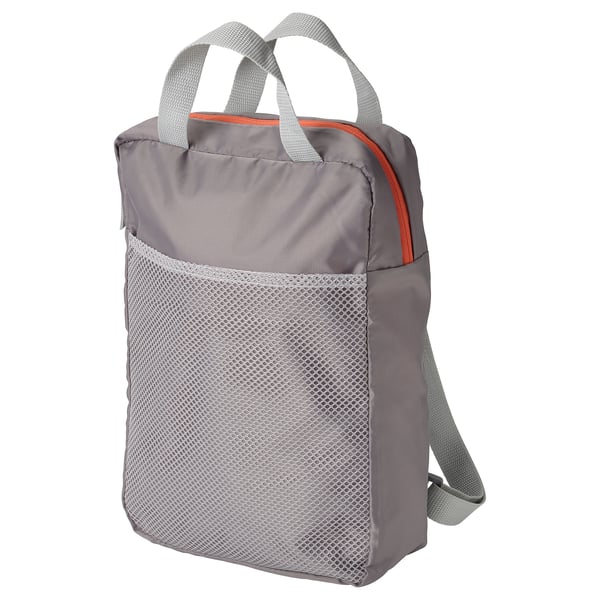 A gray PIVRING backpack with mesh pocket, made from recycled polyester.