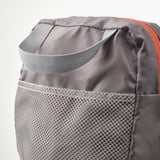 Gray backpack with drawstring top and mesh front pocket. Shoulder straps adjusted for comfort.