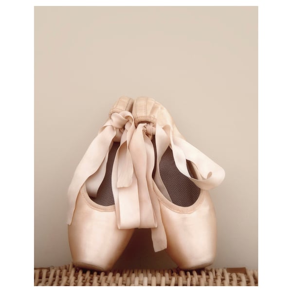 A pair of light pink ballet slippers with ribbons in a stylish arrangement.