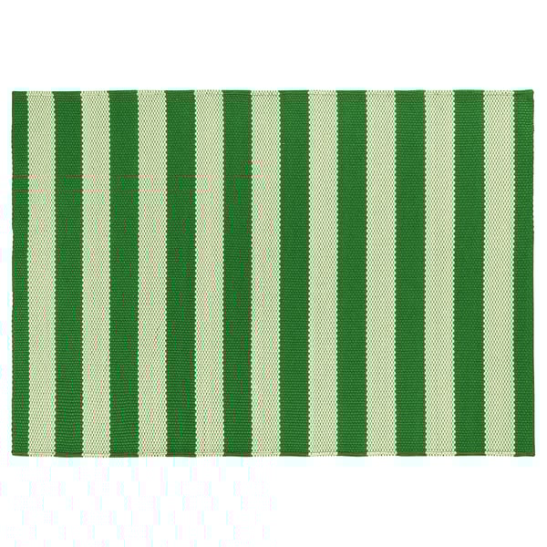 A green and beige striped PLATÅGUPP rug, rectangular with a textured design.