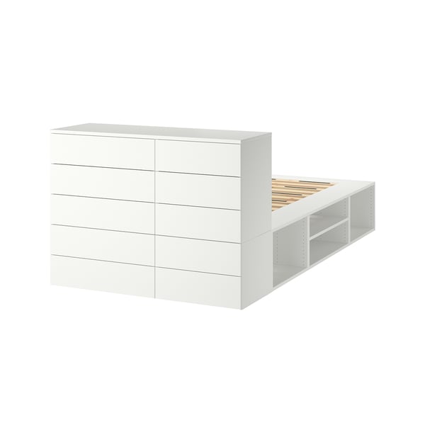 White PLATSA bed, sleek modern design with storage drawers, minimalist aesthetics, clean lines.