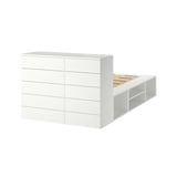 White PLATSA bed, sleek modern design with storage drawers, minimalist aesthetics, clean lines.